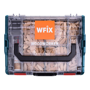 Wfix Woodworker L-BOXX 102 professional blau mit Klarsichtdeckel inkl.Flachdübel 0 10 20, Streichmaß und Holzleim